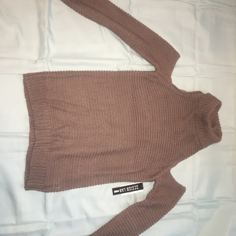 Open shoulder, high neck knit sweater